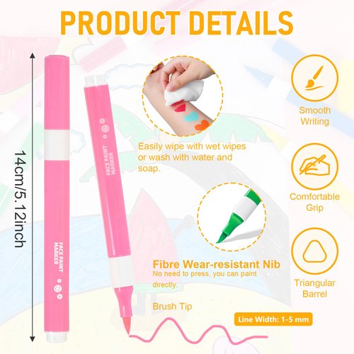 SAYEEC Acrylic Face Paint Pens Kit 12 Colors Nail Art Polish Pens Brush Tip Washable Temporary Tattoo Body Markers for Skin Cosplay Makeup Birthday Halloween Rock Painting Card Making DIY Nail Beauty