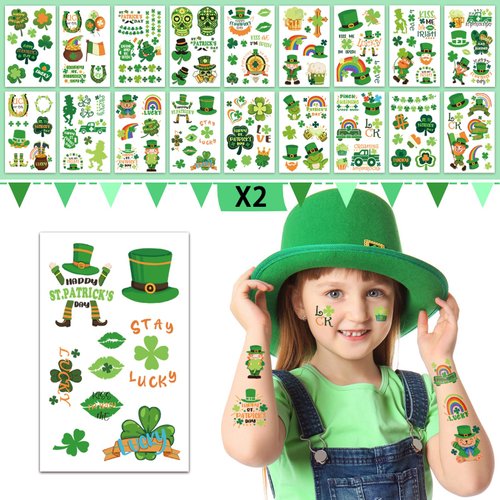 252+ PCS St Patricks Day Temporary Tattoos For Kids Men Women, 36 Sheets Green Shamrock Tattoos Stickers, Saint St. Patrick's Day Fake Tattoos for Adults, Irish Parade and Party Favors Decoration