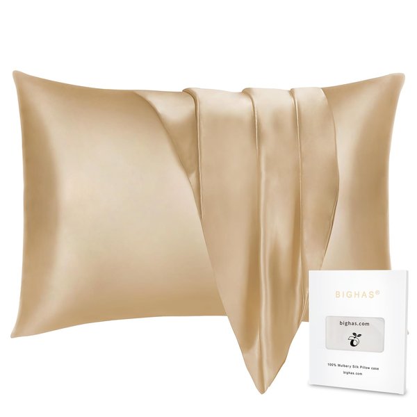 BIGHAS 100% Mulberry Silk Pillowcase for Hair and Skin Health, Smooth and Soft, Both Sides Premium Grade 6A Silk, with Hidden Zipper, 600 Thread Count (Champagne Gold, Standard)