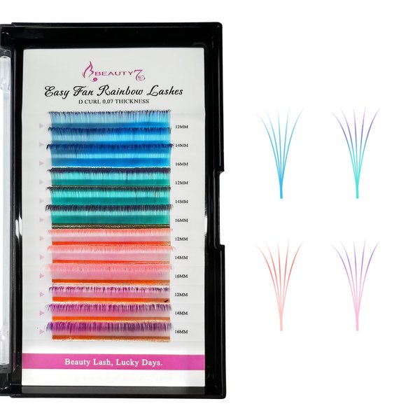 Beauty7 Colored Lash Ombre Lash Extensions Rainbow Lashes Easy Fan Lashes Self Fanning D Curl 0.07mm Thickness 12mm 14mm 16mm Mixed Length Dramatic Eyelashes
