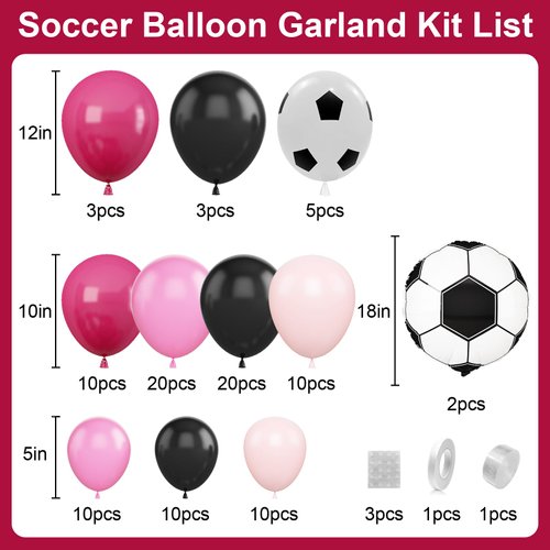Soccer Party Balloon Garland Arch Kit, Black Hot Pink Balloon Decorations with Soccer Foil Balloon for Women Girls Kids Birthday Sports Party, Soccer Football Theme Birthday Party Decor Supplies
