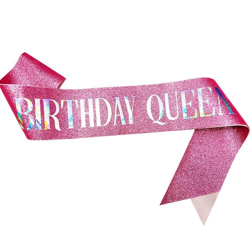 NAUXIUDSJS Birthday Queen Sash, Birthday Sash for Women, Glitter Pink Sash Multi color Foil, Party Favors Supplies Decorations for 18th 21st 30th 40th 50th 60th 70th 80th or Any Bday Party,Pink