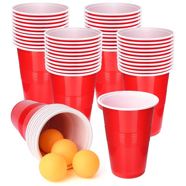 SUNYIWJIE Cup Pong Game Set 22 Pcs 16 Oz Plastic Party Cups with 4 Pcs Ping Pong Balls for Christmas New Year Gift (Red)