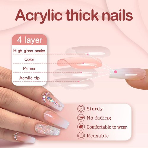 Yivaiks 24 Pcs Advanced Hand Made Customization Press on Nails, Luxurious Rhinestone Design Ballerina Fake Nails，Perfect Accessory for Banquets, Soirees, Parties(GD-004)