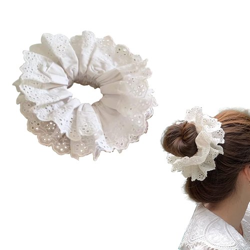 Hair Ties for Women - Hair Scrunchies Girls 1-Piece Set - White Lace Design - Premium Fabric Ponytail Holder Hair Tie (White)