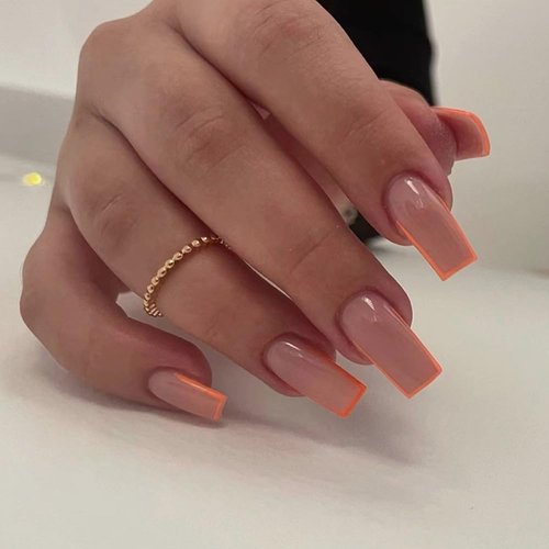 ANDGING French Tip Press on Nails Pink Square Medium Long Orange Fake Nails Gel Glue on Nails with Striped Design Coffin Stick on Nail for Wedding Manicure Women Acrylic False Nails with Glue CA8AL6