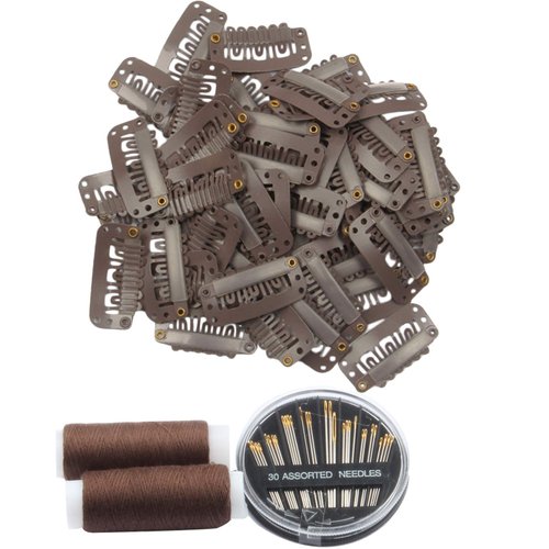 50pcs Hair Extension Clip 32mm Snap Clips for Hair Extensions 6-teeth Dark Brown Color Wig Clips and Thread and Needles (Dark Brown -50pcs)