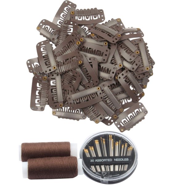 50pcs Hair Extension Clip 32mm Snap Clips for Hair Extensions 6-teeth Dark Brown Color Wig Clips and Thread and Needles (Dark Brown -50pcs)
