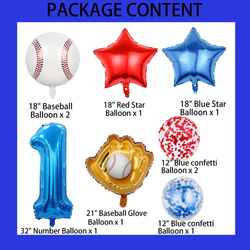 HADCKJA Baseball Balloons Baseball Birthday Party Supplies with 1st Balloon Baseball Glove Balloon Red Blue Star Red Blue Confetti Balloon for Boy Shower Decorations Birthday Party Decorations 9Pcs
