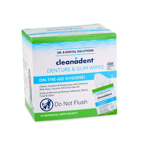 Dr. B Dental Solutions Cleanadent Wipes - Convenient Denture Cleaning Wipes, Refreshes Gums, No Artificial Colors/Flavors - 30 Pack