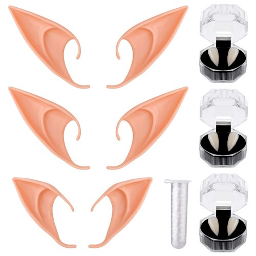 12pcs Vampire Teeth Costume & Elf Ears Cosplay, Vampire Fangs with Adhesive Fairy Pixie Elf Ears Cosplay Accessory for Halloween Party Props Favors