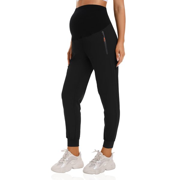 Foucome Women's Maternity Joggers Quick Dry Zipper Pockets Scrub Pants Pregnancy Sweatpants (Black, Medium)