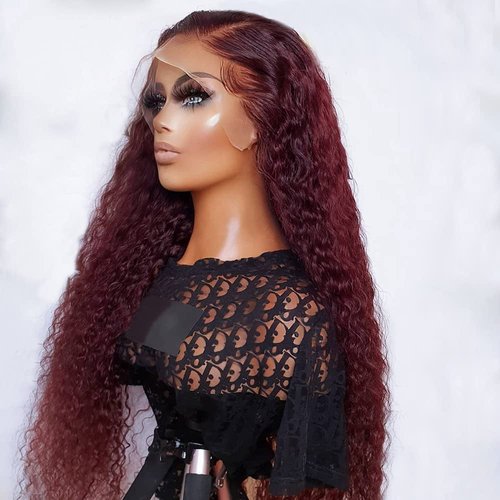 SISIFIRE Dark Burgundy Water Wave Lace Wig Glueless Lace Front Wigs for Women 99J Natural Curly Wet and Wavy Synthetic Wig Heat Resistant Hair
