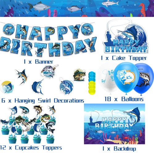 Gone Fishing Birthday Party Decorations Fishing Party Supplies Includes Gone Fishing Birthday Banner Hanging Swirls Background Cake Topper Cupcake Toppers Balloons for Fishing Party Decorations