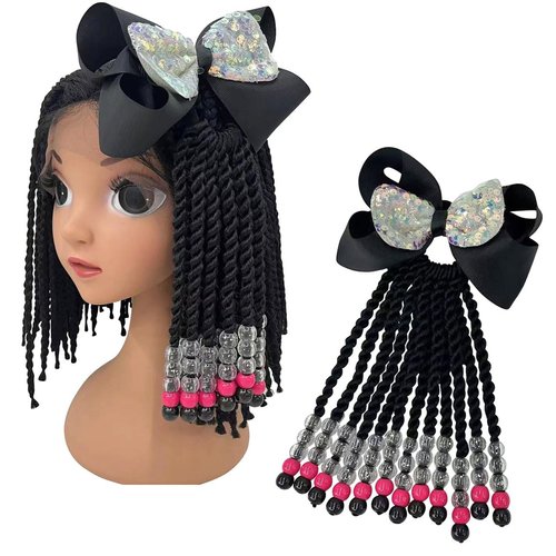 Kids Ponytail Hair Extension Braid Girls Braided Ponytail Hair Extension Clip On Go For Girls Beads,Black Hair Band & Bow Included,Detachable and Reusable (black)