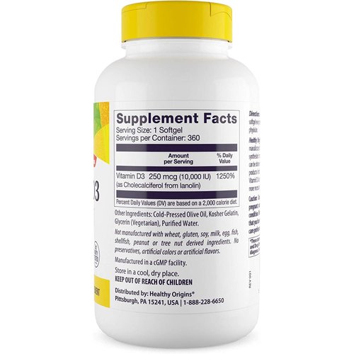 Healthy Origins Vitamin D3 (Lanolin) 10,000 IU Softgel - Bone Health and Immune Support Supplement - Easily Absorbable Vitamin D Supplements - Gluten-Free Vitamin D3 Supplement - 360 Softgels