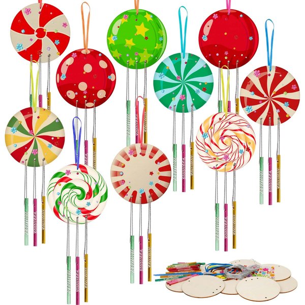 Fennoral 9 Pack Christmas Wind Chime Kit for Kids Make You Own Christmas Candy Wind Chimes DIY Paint Wooden Art and Craft for Girls Boys Christmas Craft Supplies Christmas Tree Decorations