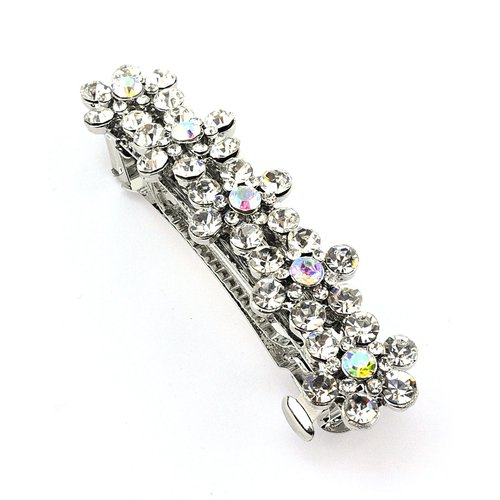 Women's Rhinestone Flower Hair Barrette Clip Hair Pin Antique Silver IMB2093, Clear