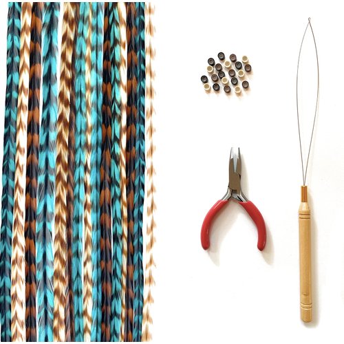 Feather Hair Extensions, 100% Real Rooster Feathers, Long Natural Colors (NBT Striped Kit)