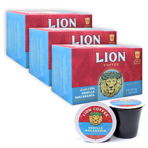 Lion Coffee Vanilla Macadamia Flavor, Single-Serve Coffee Pods - 12 Count Box (Pack of Three)