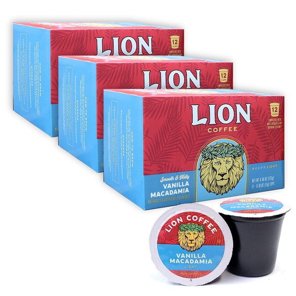 Lion Coffee Vanilla Macadamia Flavor, Single-Serve Coffee Pods - 12 Count Box (Pack of Three)