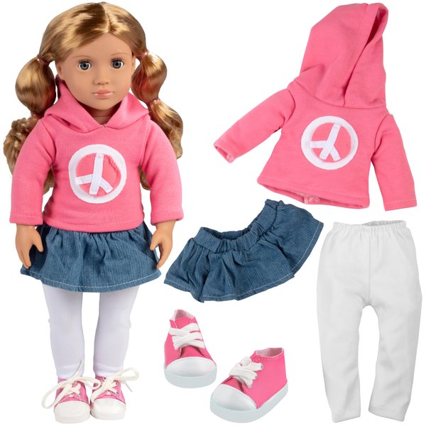 4pc Pink Peace Sign Hoodie Doll Outfit - 18" Doll Clothes & Accessories Compatible w American Girl Dolls- Set Includes Skirt, Pink Sweatshirt, Leggings, & Pink Sneakers - Great Xmas Gift for Girls