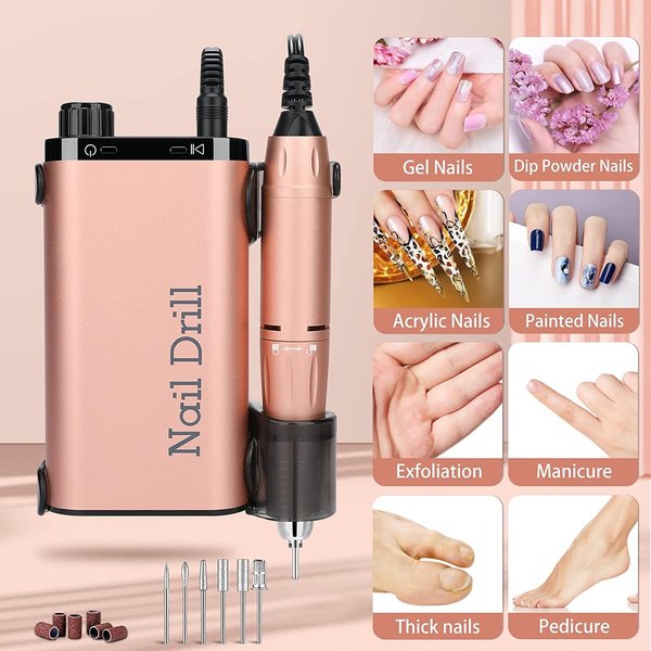 Electric Nail Drill Machine Portable Rechargeable 35000RPM Nail Drill for Acrylic Gel Nails, Manicure Pedicure Polishing Shape Tools for Home and Salon Use,Grey (Rose Gold)