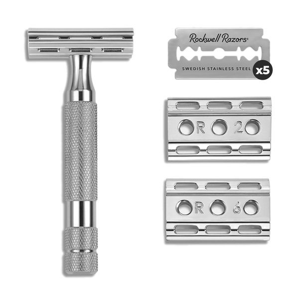 Rockwell Razors 6C White Chrome Double-Edge Safety Razor for Men and Women with 6 Adjustable Shave Settings and 5 Fully Recyclable Eco Razor Blades