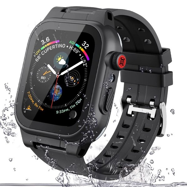 Labold Waterproof Case with Band for Apple Watch 45mm 44mm 42mm 41mm 40mm 38mm, IP68 Water Proof 100% Full Body Rugged Case with Screen Protector for iWatch Series 9 8 7 6 5 4 3 2 SE SE2, Black