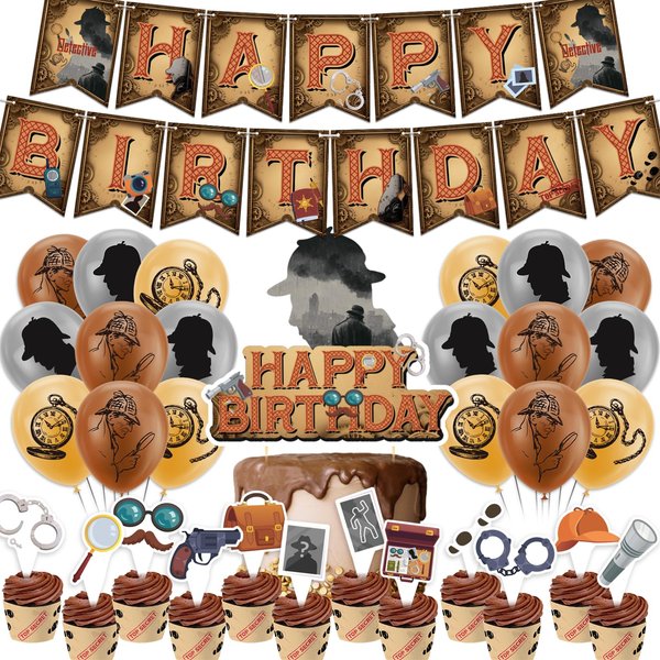 Detective Birthday Decorations Detective Party Supplies Includes Detective Happy Birthday Banner Cake Topper Cupcake Toppers Balloons for 1920s Detective Party Detective Birthday Party Favors
