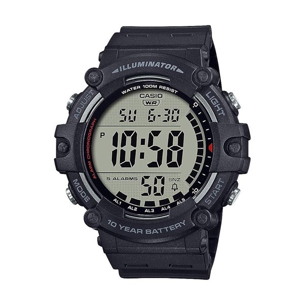 Casio Illuminator Extra Long Strap 10-Year Battery 100 M Water Resistant 5-Alarm w/Countdown Timer Men's Digital Watch, Black, AE-1500WHX-1AVCF