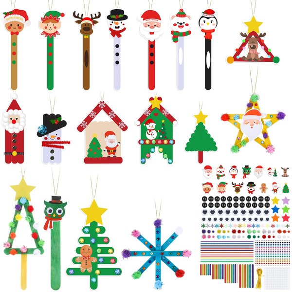 VioraWhite 36 Sets Christmas Craft Kits Christmas Ornaments Stick DIY Winter Craft Stick Bulk Santa Snowman Elf Reindeer Ornaments Art Sets for Kids Holiday Classroom Activities Party Favors