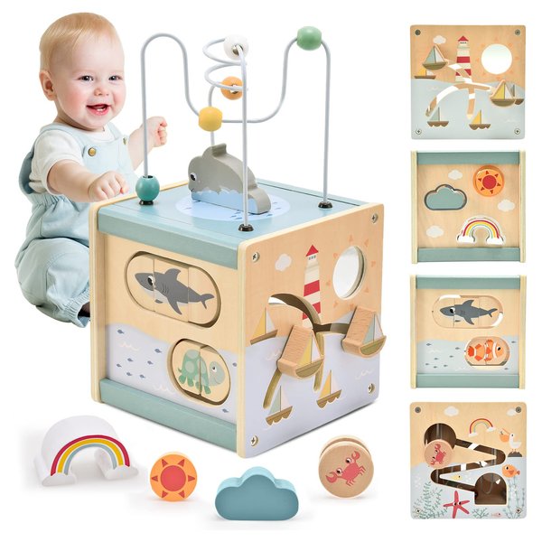 Atoylink Wooden Activity Cube for Toddlers 1-3, 5 in 1 Ocean Animal Shape Sorter Bead Maze Montessori Toys Baby 6-12 Months Educational Learning Toys for 1 Year Old Boy Girl Birthday Gift