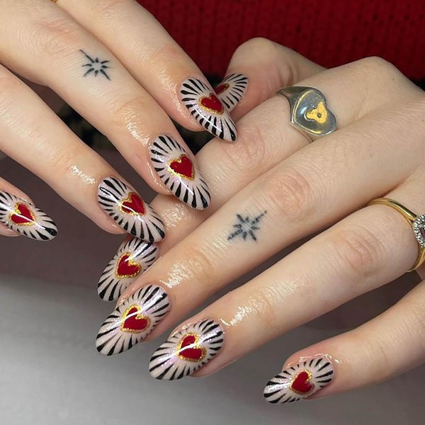 Valentine's Day Press on Nails Medium Red Love Heart Black Lines False Nails with Design French Almond Nails 24Pcs Artificial Acrylic Nails Full Cover Glossy Coffin Fake Nails Glue on Nails for Women