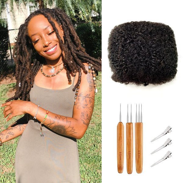 JIFFYLOCS Tight Afro Kinky Bulk Human Hair for Dreadlock Extensions 1 Pack,8 Inches Long, Natural Black #1B,100% Human Hair,Repair Extensions,Making Locs Twist or Braids, with Needles and Hair Clips