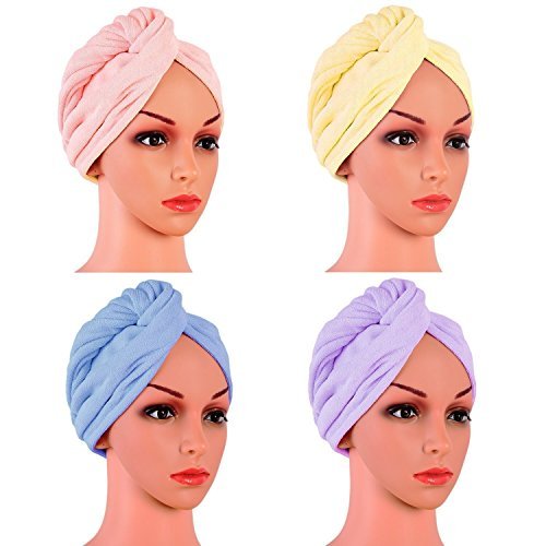 TRXUZIOW 4 Pack Microfiber Hair Drying Towels, Fast Drying Hair Cap, Long Hair Wrap,Absorbent Twist Turban(Pink, Yellow, Blue, Purple)