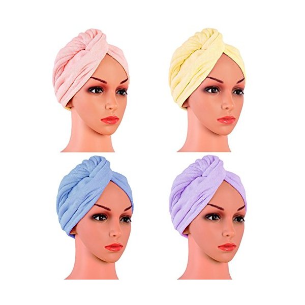 TRXUZIOW 4 Pack Microfiber Hair Drying Towels, Fast Drying Hair Cap, Long Hair Wrap,Absorbent Twist Turban(Pink, Yellow, Blue, Purple)