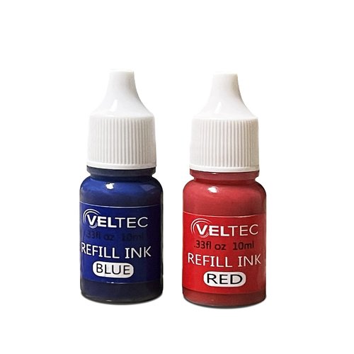 Veltec Premium 2-Color Refill Ink for Pre-Ink Stamps, Blue and Red, 10 ml Each Bottle