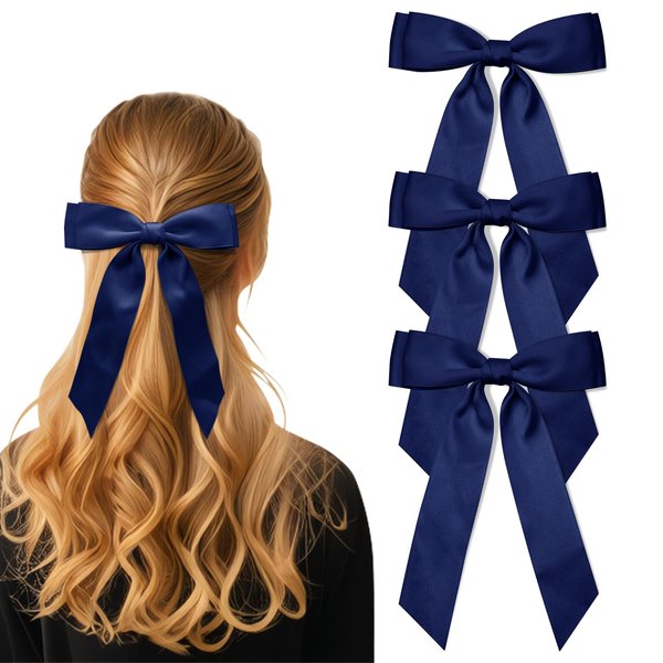 3Pcs Dark Blue Hair Bows for Women Double-Layer Long Tail Bow Hair Clip Hair Ribbon Ponytail Holder Hair Accessories for Girls Toddlers
