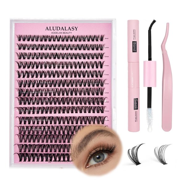ALUDALASY Lash Clusters DIY Lash Extension Kit 240 PCS Lash Cluster Wispy 30D40D 9-16mm MIX D Curl Lash Cluster Bond and Seal Waterproof & Tweezer Individual Eyelash Extension Kit for Self Use(40D)