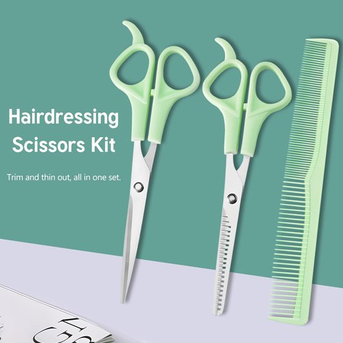 Hair Cutting Scissors Thinning Shears and Comb Set, 2 Pack 6 inch Professional Stainless Steel Barber Scissors with Sharp Blades and 1 Pack Comb for Men Women Kids and Pets Hair - Green