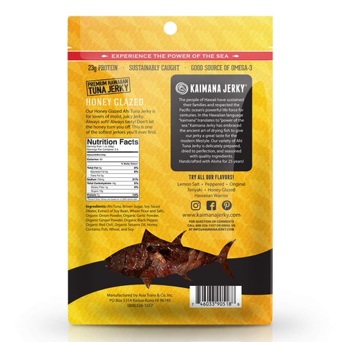 Kaimana Ahi Tuna Jerky Honey Glazed 2 Ounce - Soft and Tasty - Premium Fish Jerky Made in the USA. High in Omega 3's, All Natural and Wild Caught