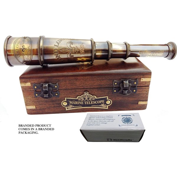1920 Marine Telescope Collectible Décor Nautical Spyglass Antique Mounted Solid Brass 15 Inch Pirate Telescope with Wooden and Branded corrugate Box.