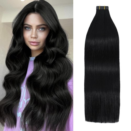 Hair Extensions Tape in, Jet Black Tape in Hair Extensions 18 Inch, Natural Seamless Long Silk Straight 40g 20pcs Hair Extensions
