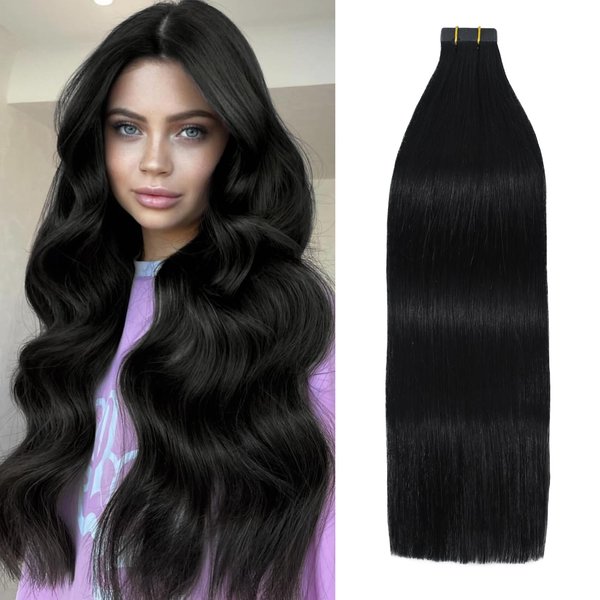 Hair Extensions Tape in, Jet Black Tape in Hair Extensions 18 Inch, Natural Seamless Long Silk Straight 40g 20pcs Hair Extensions