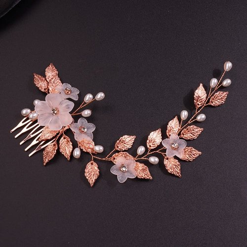 Teyglen Bride Wedding Flower Hair Comb Crystal Leaf Pearl Side Hair Comb Bridal Rhinestone Hair Pieces Hair Accessories for Women Girls Bridesmaid (Rose gold)