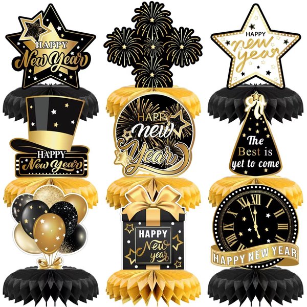 9 Pieces Happy New Year Party Table Decoration,Black Gold New Year Honeycomb Centerpieces for 2025 New Years Eve Party Decoration Supplies