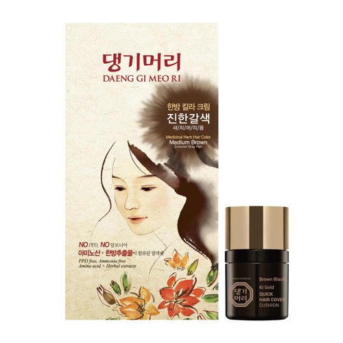 Daeng Gi Meo Ri – Korean Herbal Hair Dye Color Cream [Medium Brown] - PPD-Free Gray Hair Protection, High-Keratin Formula, 8.47 Oz + Bonus Ki Gold Quick Hair Cover Cushion [Brown Black] 8ml