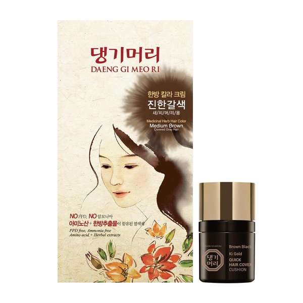 Daeng Gi Meo Ri – Korean Herbal Hair Dye Color Cream [Medium Brown] - PPD-Free Gray Hair Protection, High-Keratin Formula, 8.47 Oz + Bonus Ki Gold Quick Hair Cover Cushion [Brown Black] 8ml