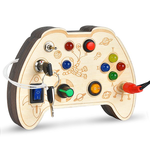 Montessori Busy Board Toy for 1 2 3 Year Old Kids, Wooden Controller Sensory Toy for Autistic Children with LED Light Up Buttons, Early Learning Fidget Toy Great for Gift